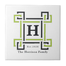 Lime Green Black Greek Key Monogram Family Crest