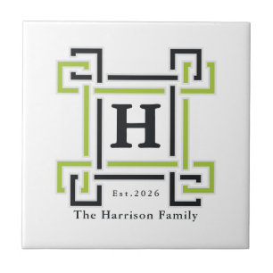 Lime Green Black Greek Key Monogram Family Crest Tile