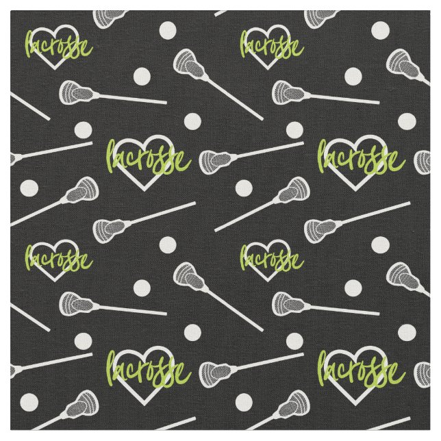 Lime Green Black Lacrosse Sticks & Hearts Pattern Fabric (Close Up)