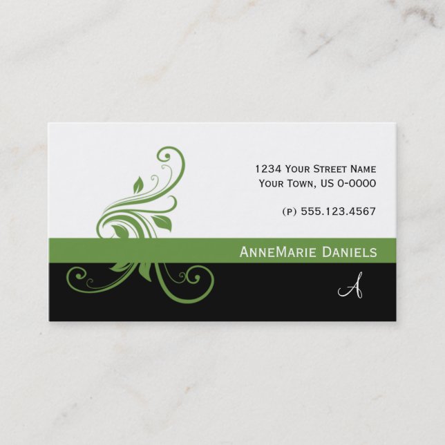 Lime Green Black Lime Green Floral Swirls Business Card (Front)