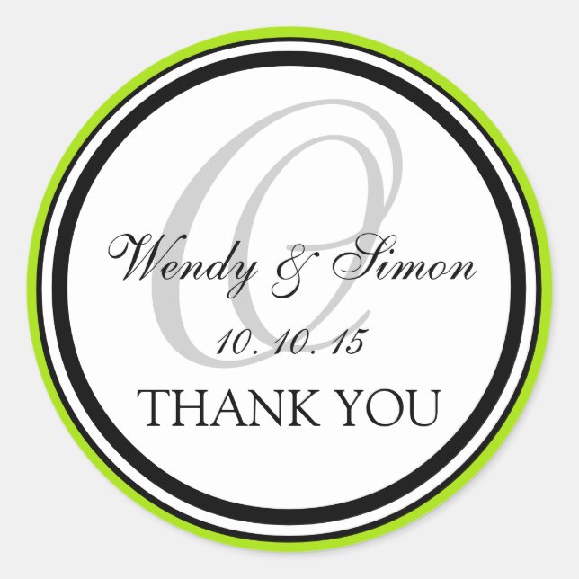 Lime Green Black Monogram O Wedding Thank You Classic Round Sticker (Front)