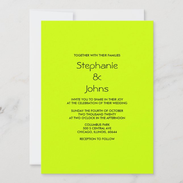 Lime Green Black Simple Minimal Colourful Wedding Invitation (Front)
