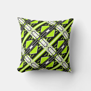 Lime Green Black White Diagonal Geometric Design Cushion