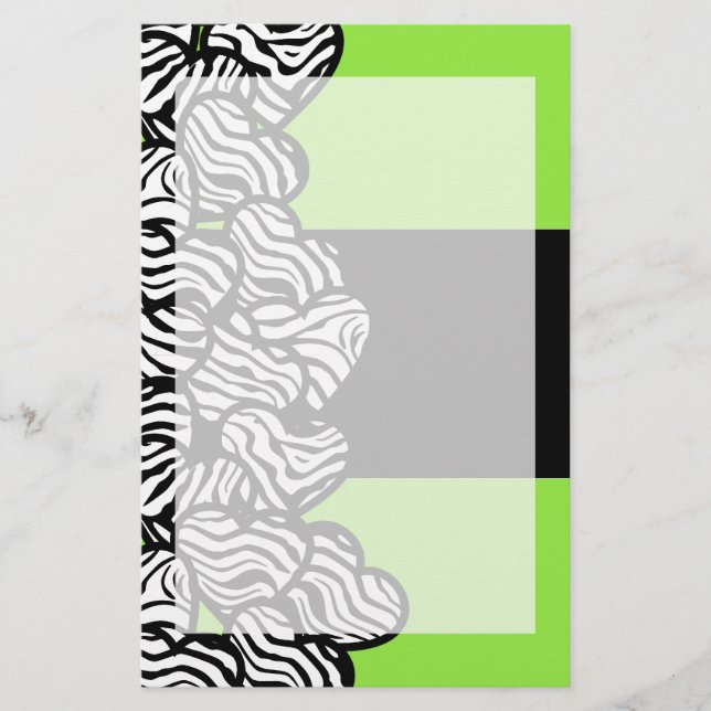 Lime green black white zebra pattern heart name  stationery (Front)