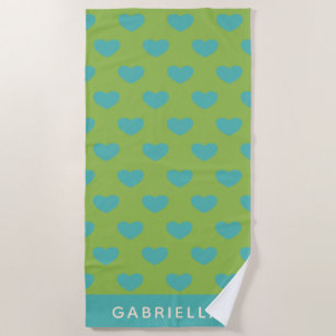 Lime Green Blue Cute Heart Pattern Personalised Beach Towel