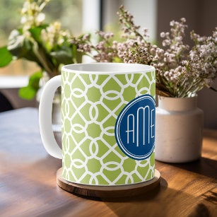 Lime Green & Blue Geometric Pattern Monograms Coffee Mug