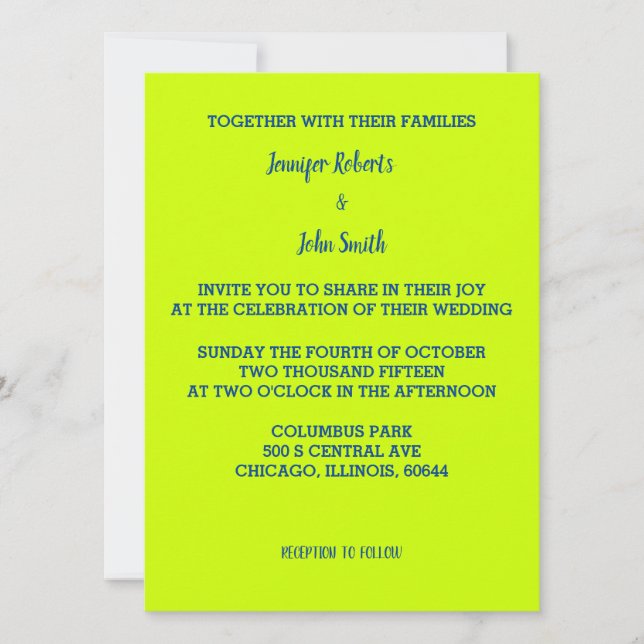 Lime Green Blue Wedding Bright Colourful Simple Invitation (Front)