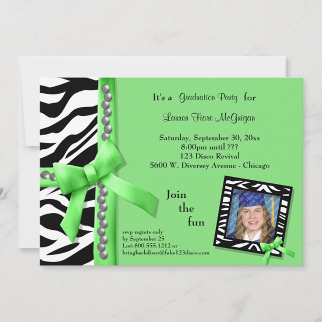 Lime Green Bow With Pearls And White Zebra Stripes Invitation (Front)