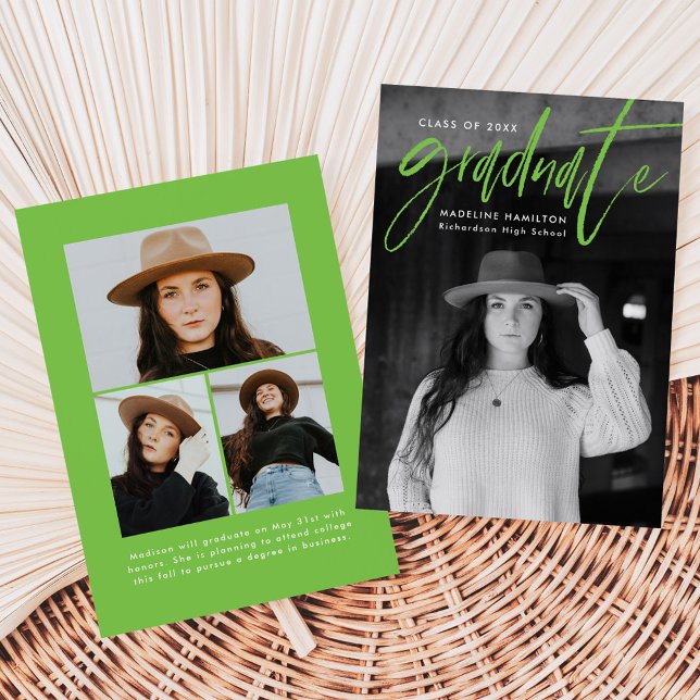 Lime Green Brush Script 4 Photo Graduation Announcement (Creator Uploaded)