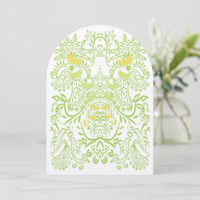 Lime Green Butter Yellow Whimsical Birds Wedding Invitation (Standing Front)