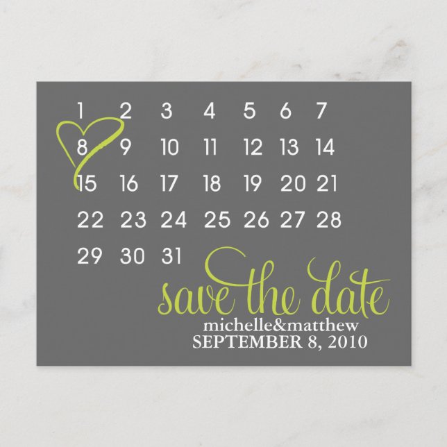 Lime Green Calendar Wedding Announcement Postcard (Front)