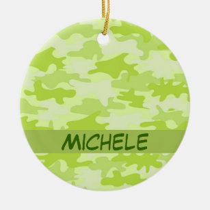Lime Green Camo Camouflage Name Personalised Ceramic Tree Decoration