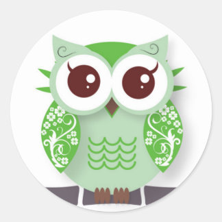 Lime green cartoon owl classic round sticker