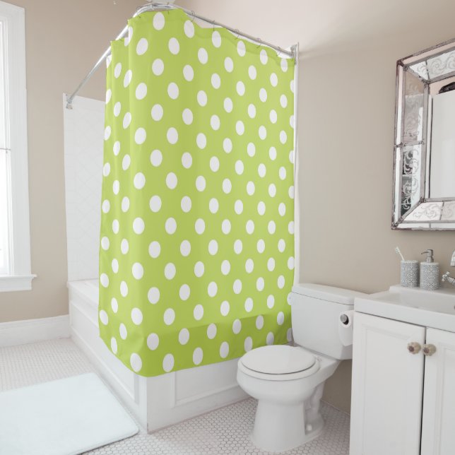 Lime Green Chartreuse & White Polka Dots Dot Shower Curtain (In Situ)