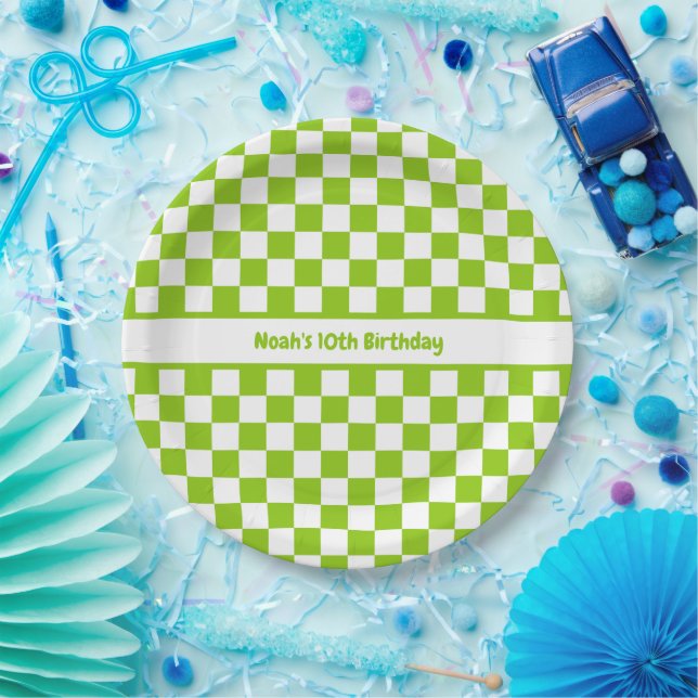 Lime Green Checked Pattern Personalised Paper Plate (Party)