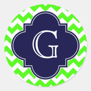 Lime Green Chevron Navy Blue Quatrefoil Monogram Classic Round Sticker