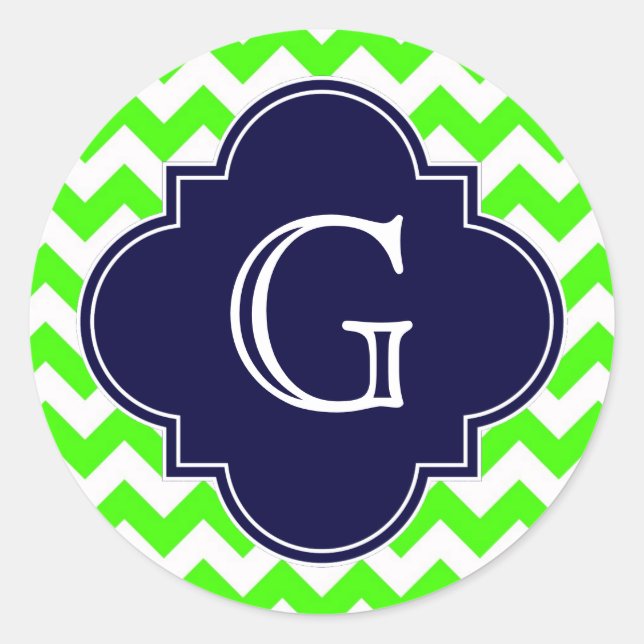 Lime Green Chevron Navy Blue Quatrefoil Monogram Classic Round Sticker (Front)