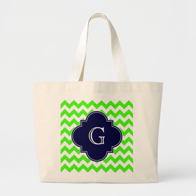 Lime Green Chevron Navy Blue Quatrefoil Monogram Large Tote Bag (Front)