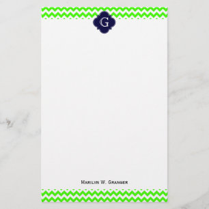 Lime Green Chevron Navy Blue Quatrefoil Monogram Stationery