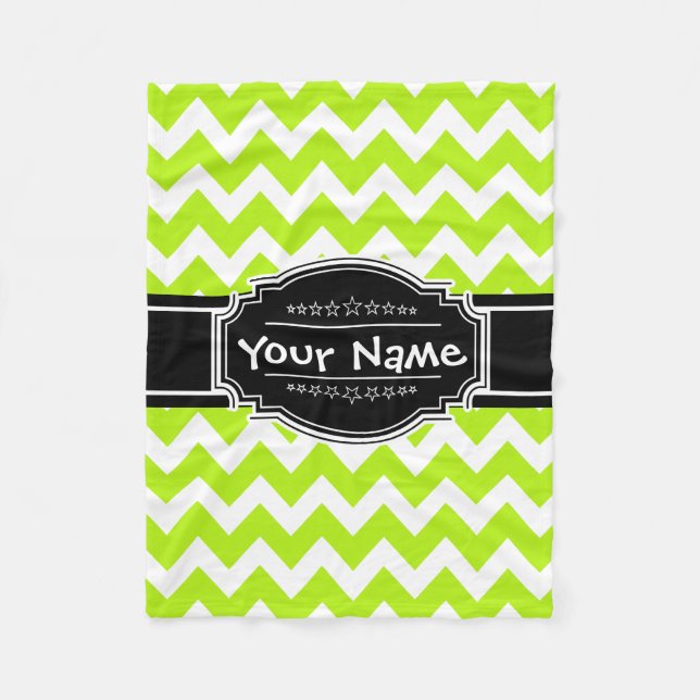 Lime Green Chevron with Black Personalised Name Fleece Blanket (Front)