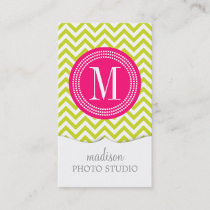 Lime Green Chevron Zigzag Personalised Monogram Business Card