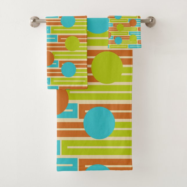 Lime Green, Cinnamon Brown, Turquoise Rectangles Bath Towel Set (Insitu)