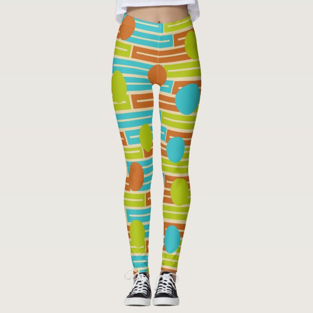 Lime Green, Cinnamon Brown, Turquoise Rectangles Leggings (Front)