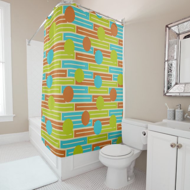 Lime Green, Cinnamon Brown, Turquoise Rectangles Shower Curtain (In Situ)
