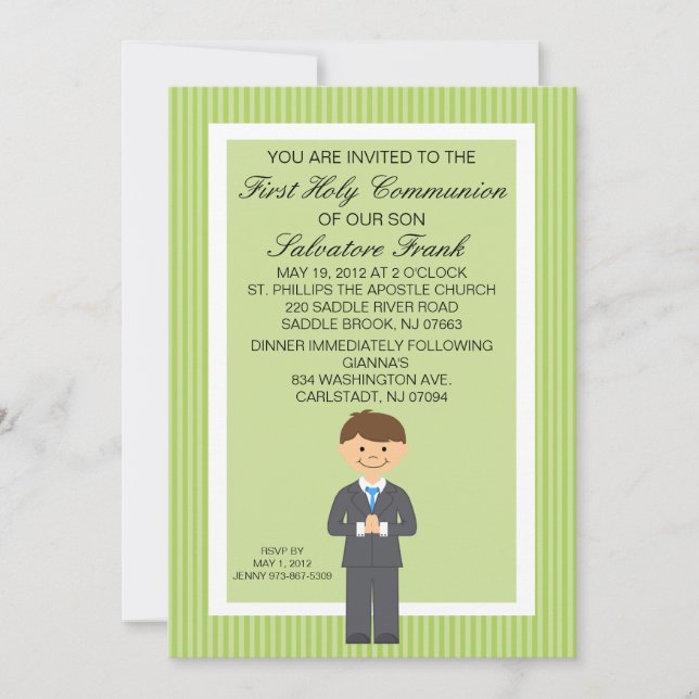 Lime Green Cute First  Communion Boy Invitation (Front)