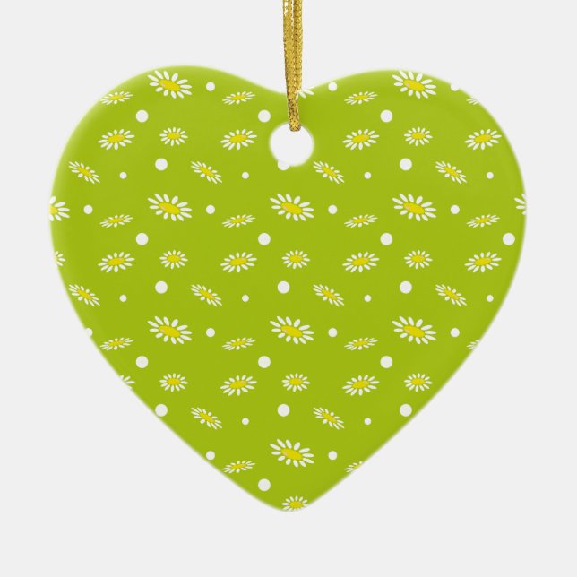 Lime Green Daisy Polka Dot Retro Spring Pattern Ceramic Tree Decoration (Front)
