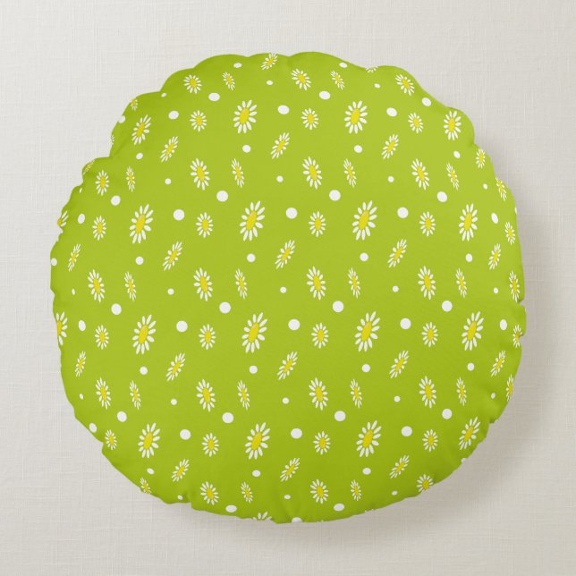 Lime Green Daisy Polka Dot Retro Spring Pattern Round Cushion (Front)