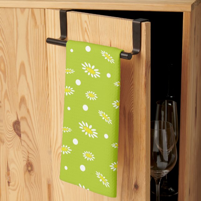 Lime Green Daisy Polka Dot Retro Spring Pattern Tea Towel (Thirds Fold)
