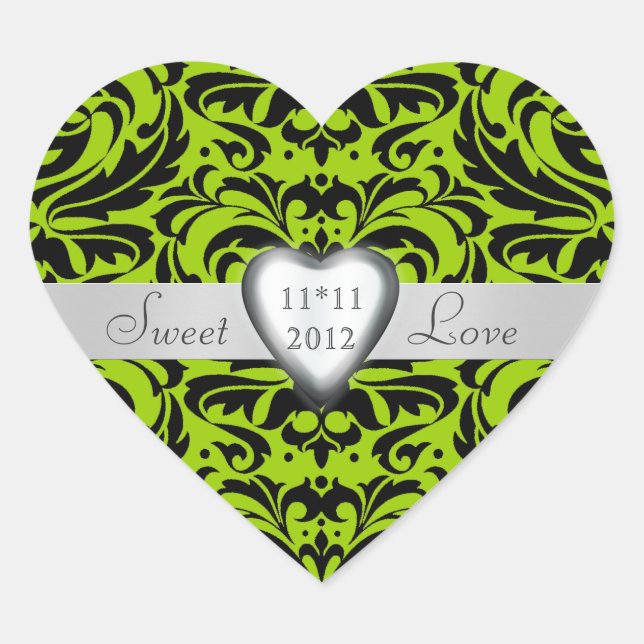 Lime Green Damask Candy Buffet Heart Sticker (Front)