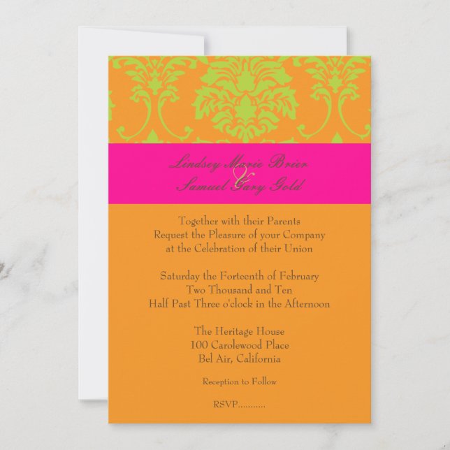 Lime Green Damask/hot pink/orange Invitation (Front)