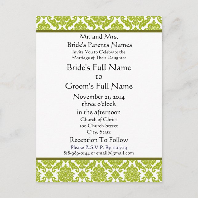 Lime Green Damask on White Wedding Invitation Postcard (Front)