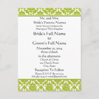 Lime Green Damask on White Wedding Invitation