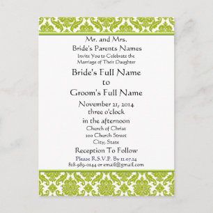 Lime Green Damask on White Wedding Invitation Postcard