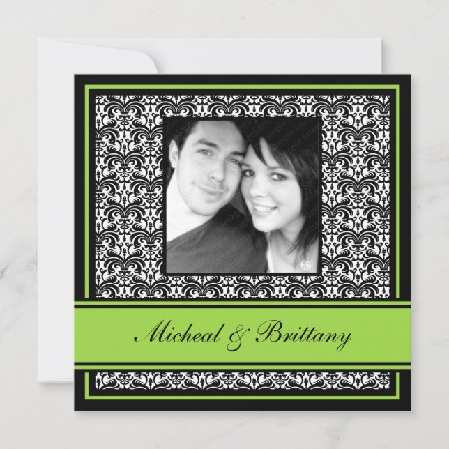 Lime Green Damask Wedding Engagement Announcement (Front)