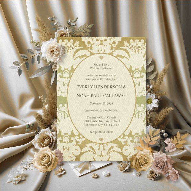 Lime Green Damask Wedding Invitation (Creator Uploaded)