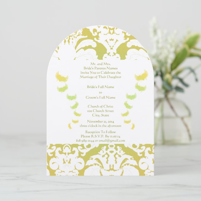 Lime Green Damask Wedding Invitation (Standing Front)