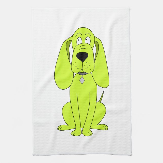 Lime Green Dog. Cute Hound Cartoon. Tea Towel (Vertical)