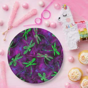 Lime Green Dragonflies on Purple and Pink Paper Plate