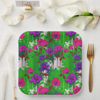 Lime Green Dripping Paint & Pink & Purple Flowers Paper Plate