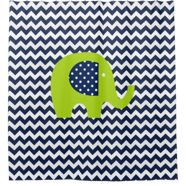 Lime Green Elephant on Navy and White Chevron Shower Curtain (Front)