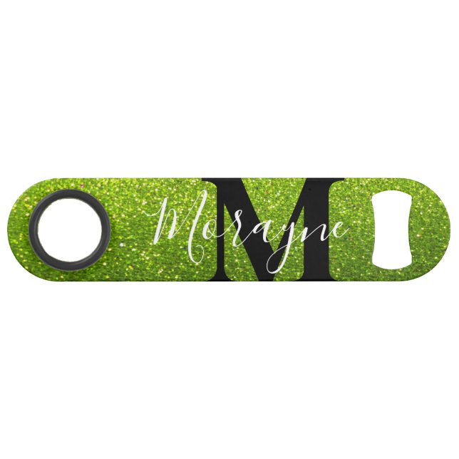 Lime Green Faux Glitter Black White Monogram Name (Back Horizontal)