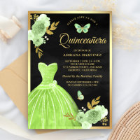 Lime Green Floral Butterfly Black Gold Quinceanera