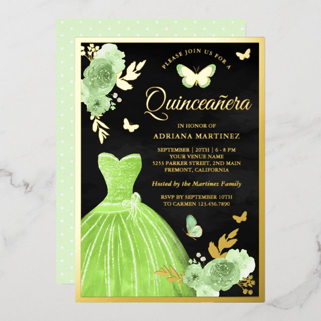 Lime Green Floral Butterfly Black Quinceanera Gold (Front/Back)
