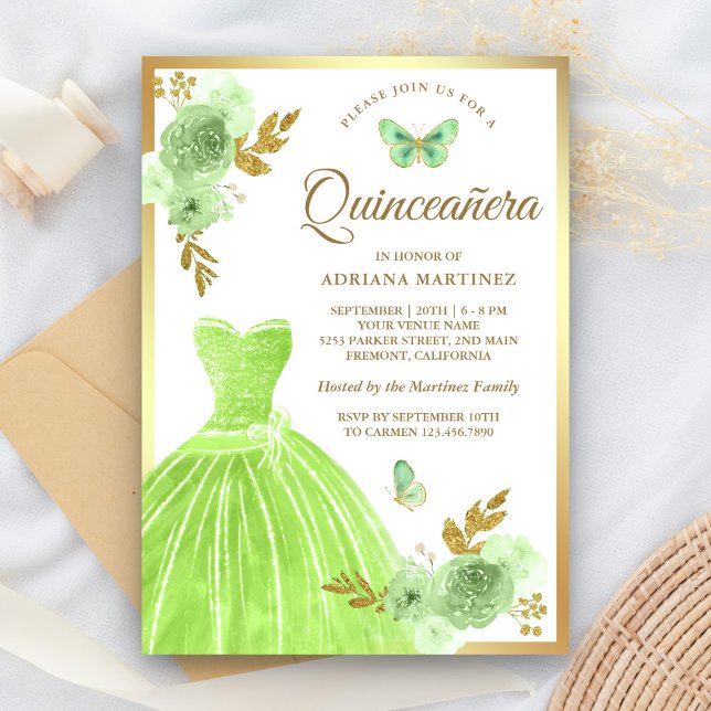 Lime Green Floral Dress Butterfly Gold Quinceanera Invitation (Creator Uploaded)