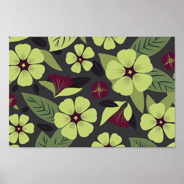 Lime Green Floral on Dark Grey background Poster (Front)