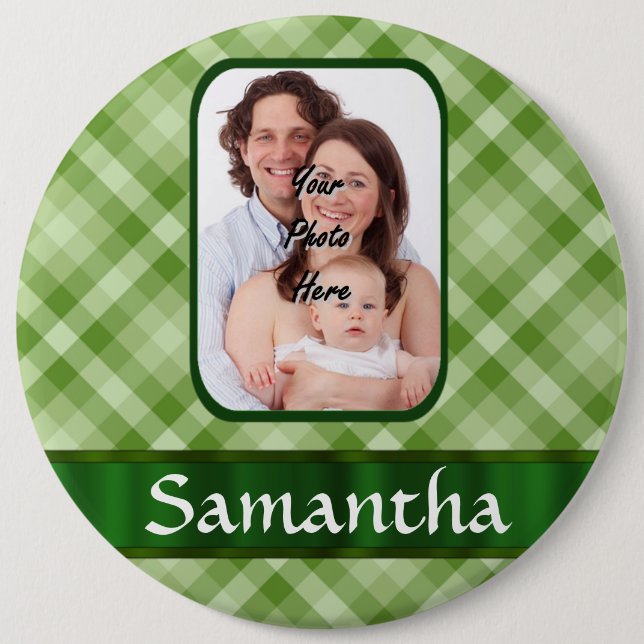 Lime green gingham 6 cm round badge (Front)